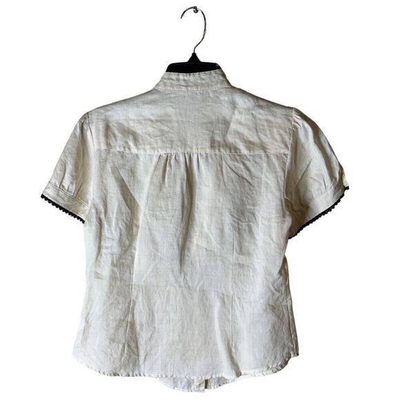 Sunny Leigh 100% Linen Shirt Women's Size Medium Ruffle Lace Trim Neckline Top - Picture 2 of 8